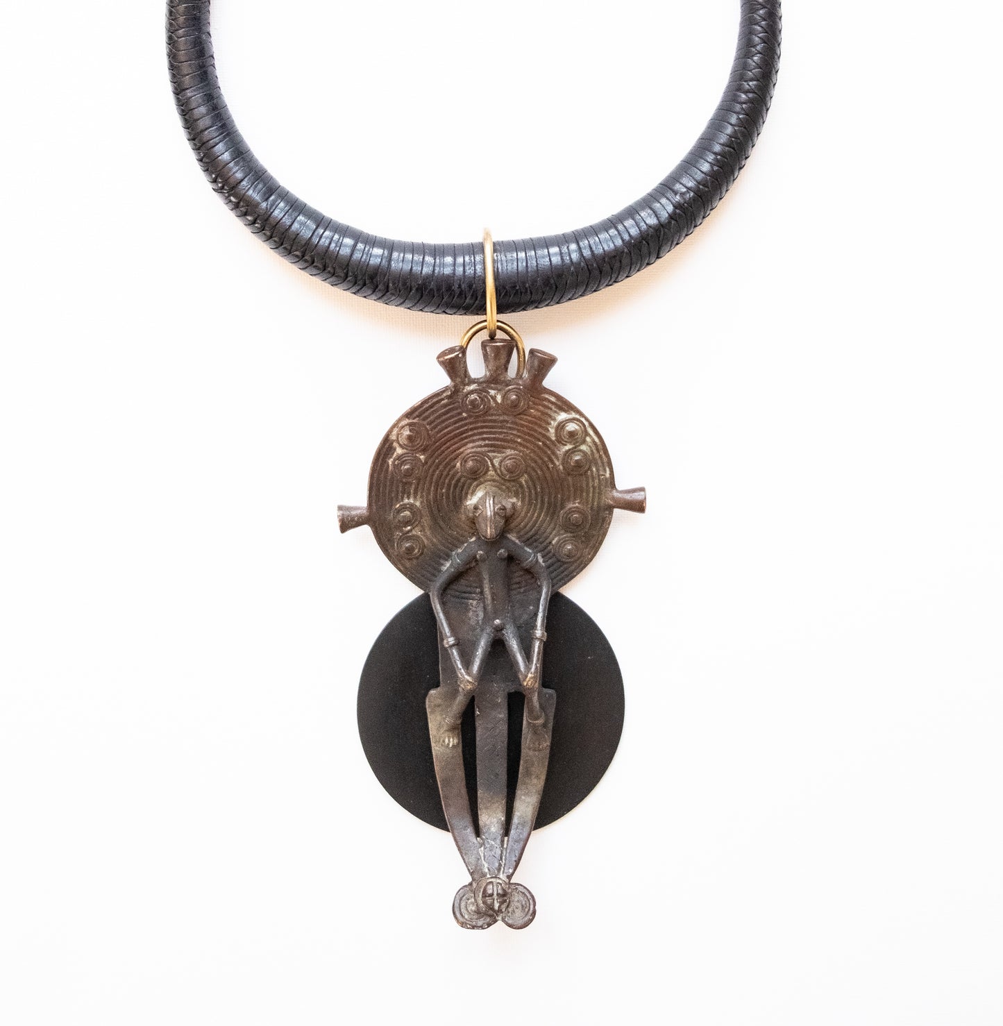 Memorial Afro-caribbean Necklace designed by Sibylle Denis Touat, Unique piece. Bronze, wood and leather