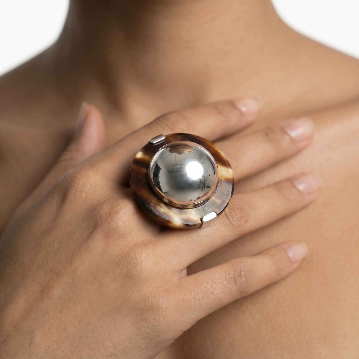 Bague Corne & Grande Perle Argent