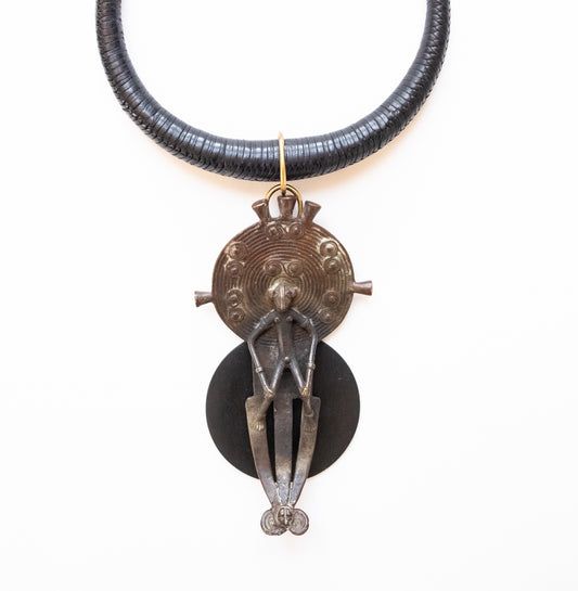 Memorial Afro-caribbean Necklace designed by Sibylle Denis Touat, Unique piece. Bronze, wood and leather