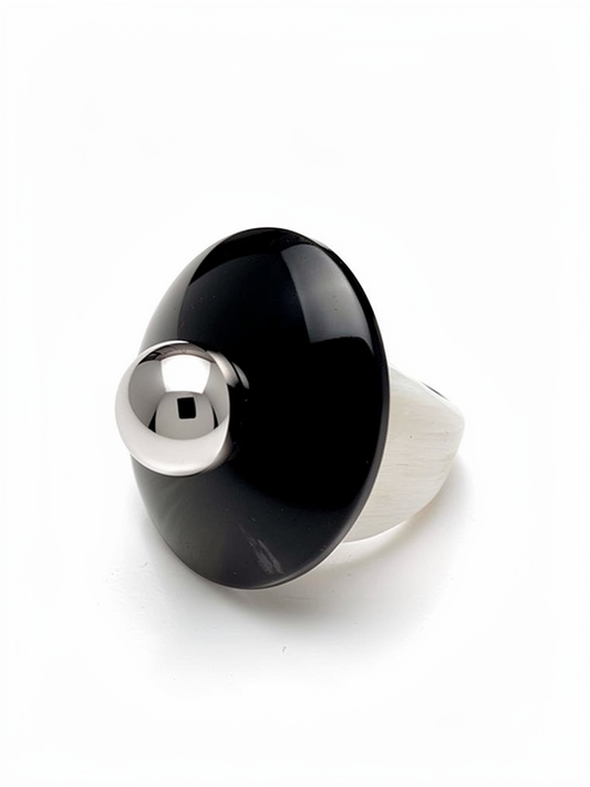 Bague Corne Blanche, Noire et Argent